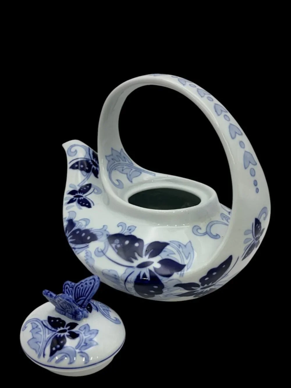 Pier 1 Imports Hand Painted Porcelain Teapot Blue White Floral Butterfly W\Lid